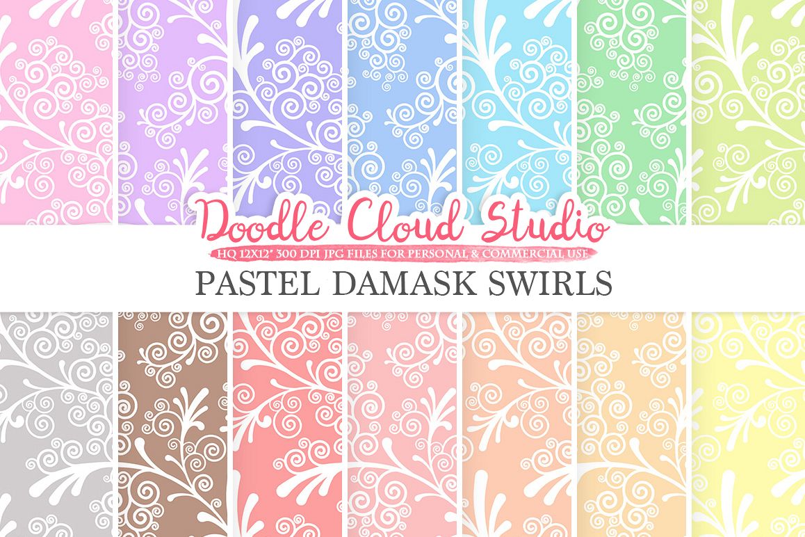 Pastel Damask Swirls digital paper, Swirls pattern, Digital Swirls, pastel colors background, Instant Download for Personal & Commercial Use example image 1