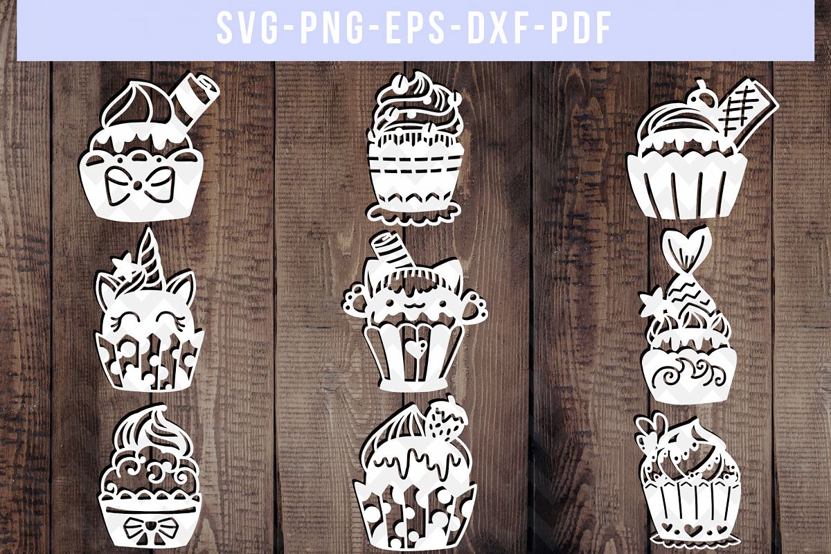 Bundle Of 9 Cupcake Papercut Templates, SVG Cutting File PDF example image 1