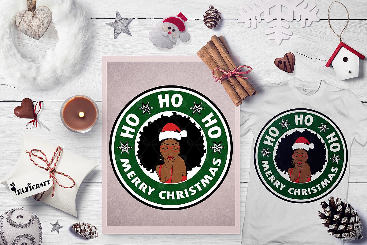 Ho ho ho Merry Christmas, Afro Woman, Santa Hat SVG Cut File example image 1