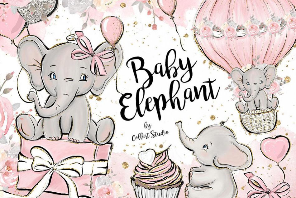 Baby Elephant clipart, Baby girl clipart, birthday clipart example image 1