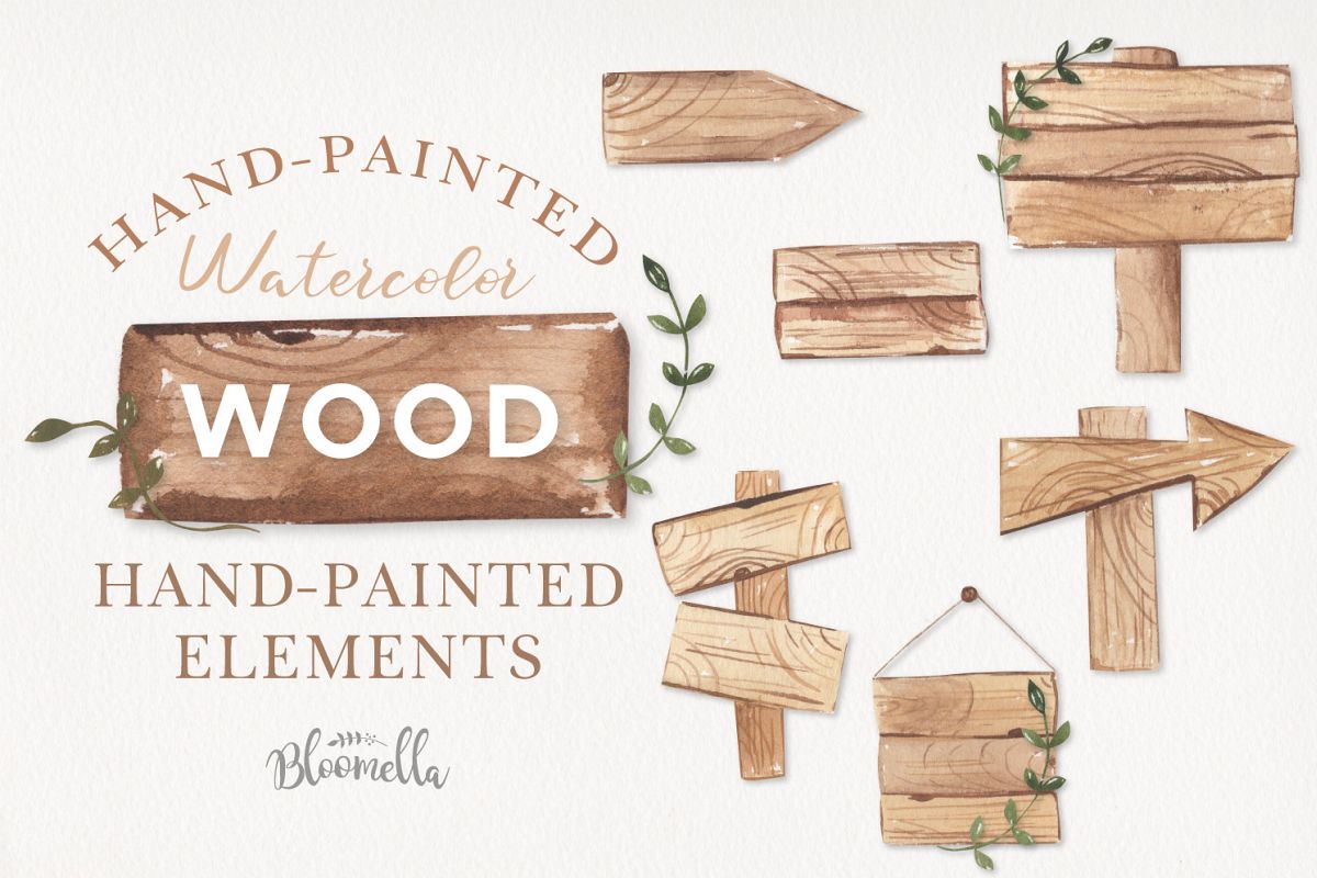 Watercolor Wood Signs Elements Woodland Wedding Leaves example image 1