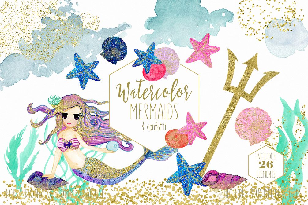 WATERCOLOR MERMAID Clipart with Metallic Gold Confetti Mermaids Shells Starfish Ocean Watercolour Splash Graphics example image 1