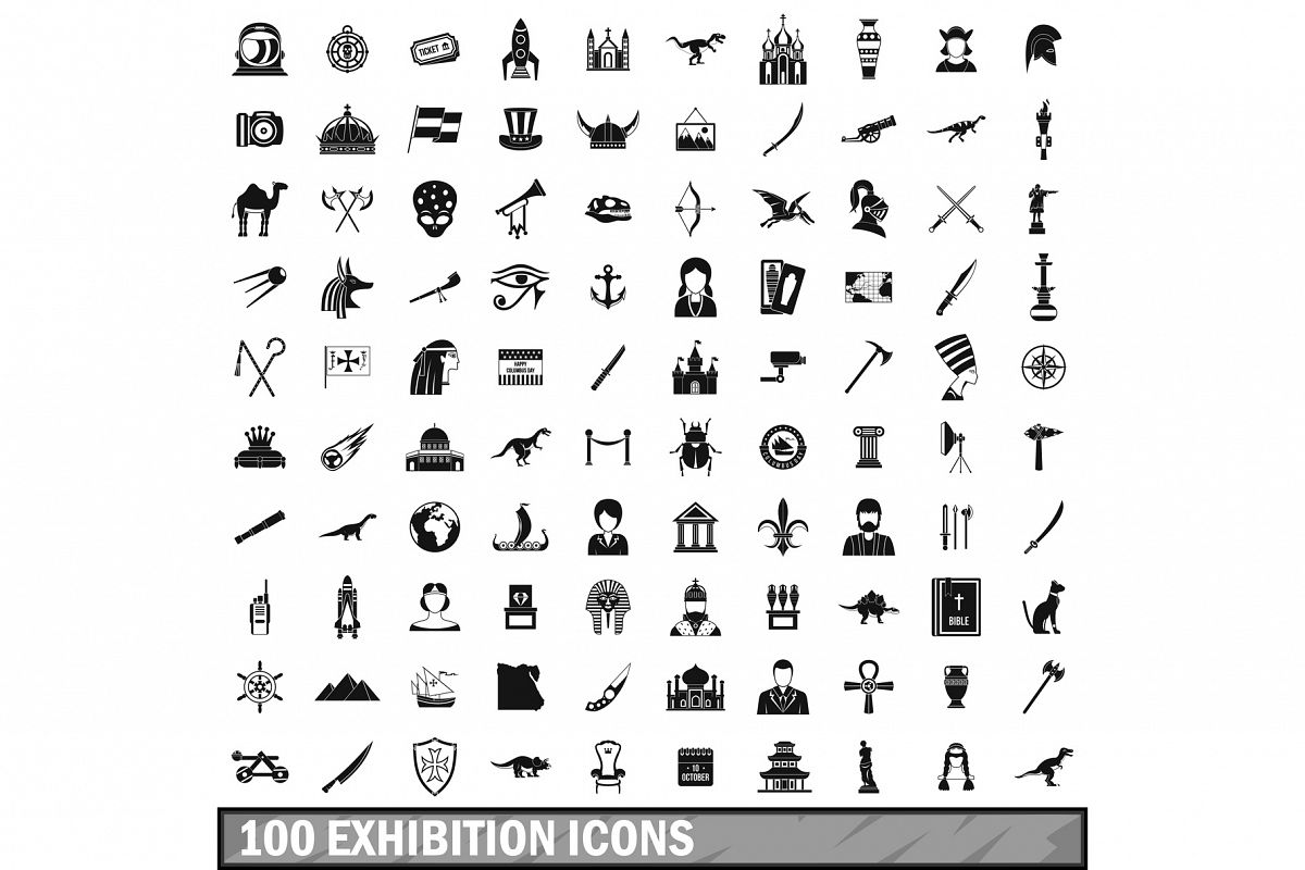 100 exhibition icons set, simple style example image 1