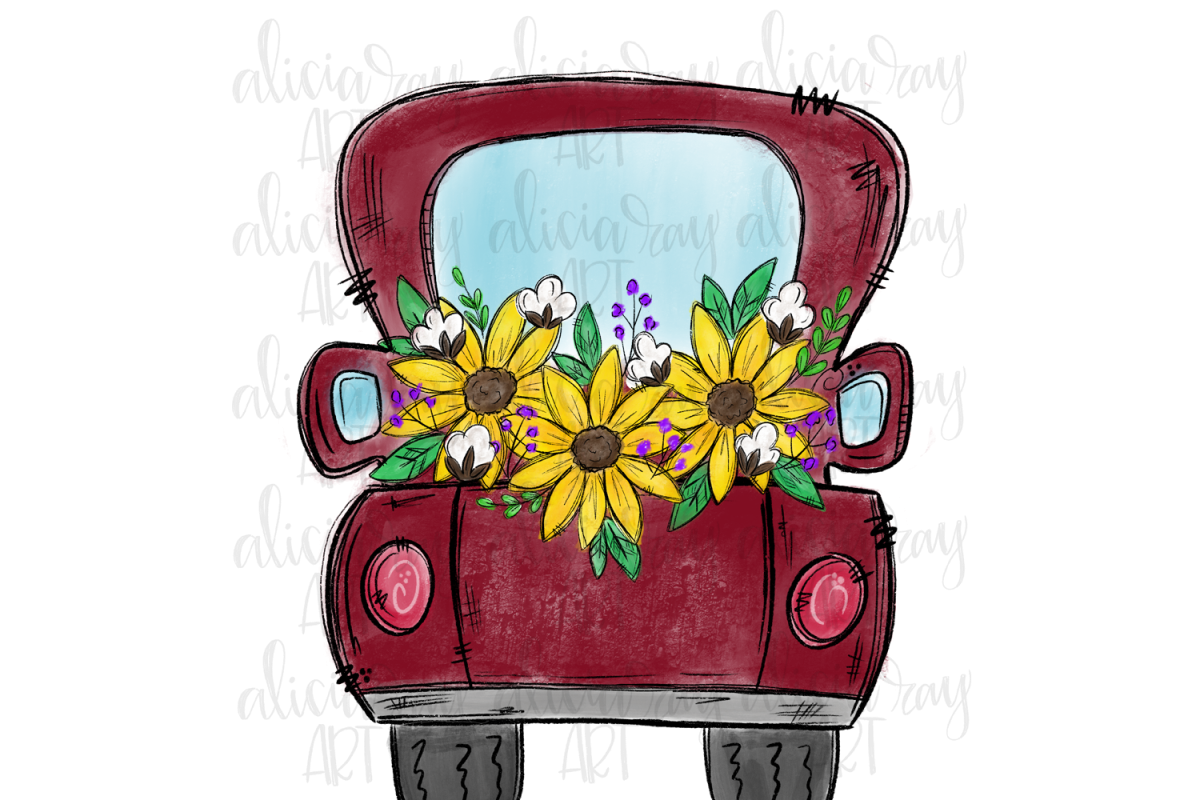 Red Sunflower Truck Sublimation PNG Digital Download example image 1