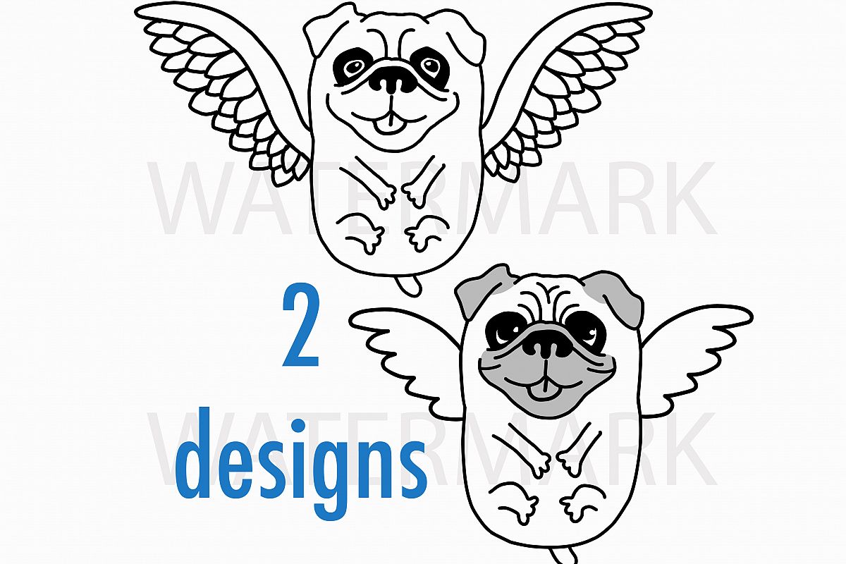 Flying Pug Dog with bird wings - SVG/JPG/PNG Hand Drawing example image 1