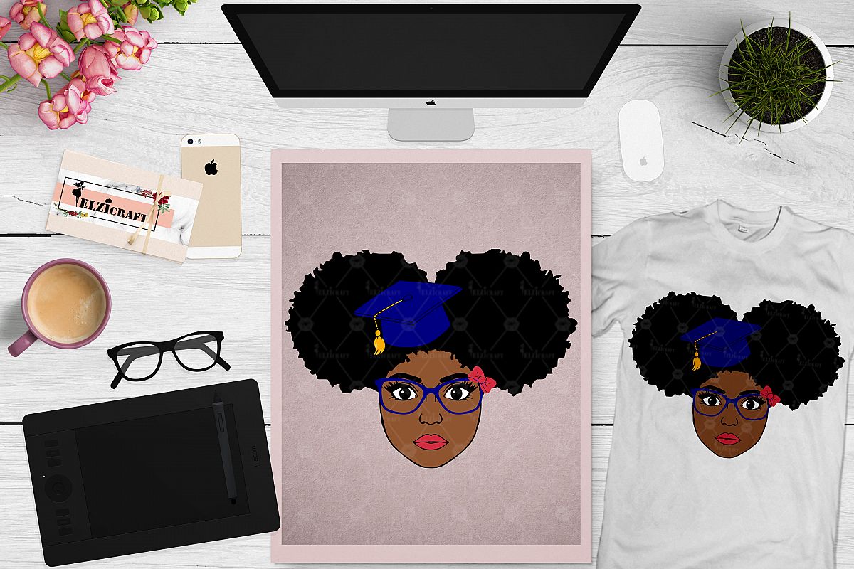 Afro Girl, Afro Puff, Graduation, Glasses, Bow SVG Cut File example image 1