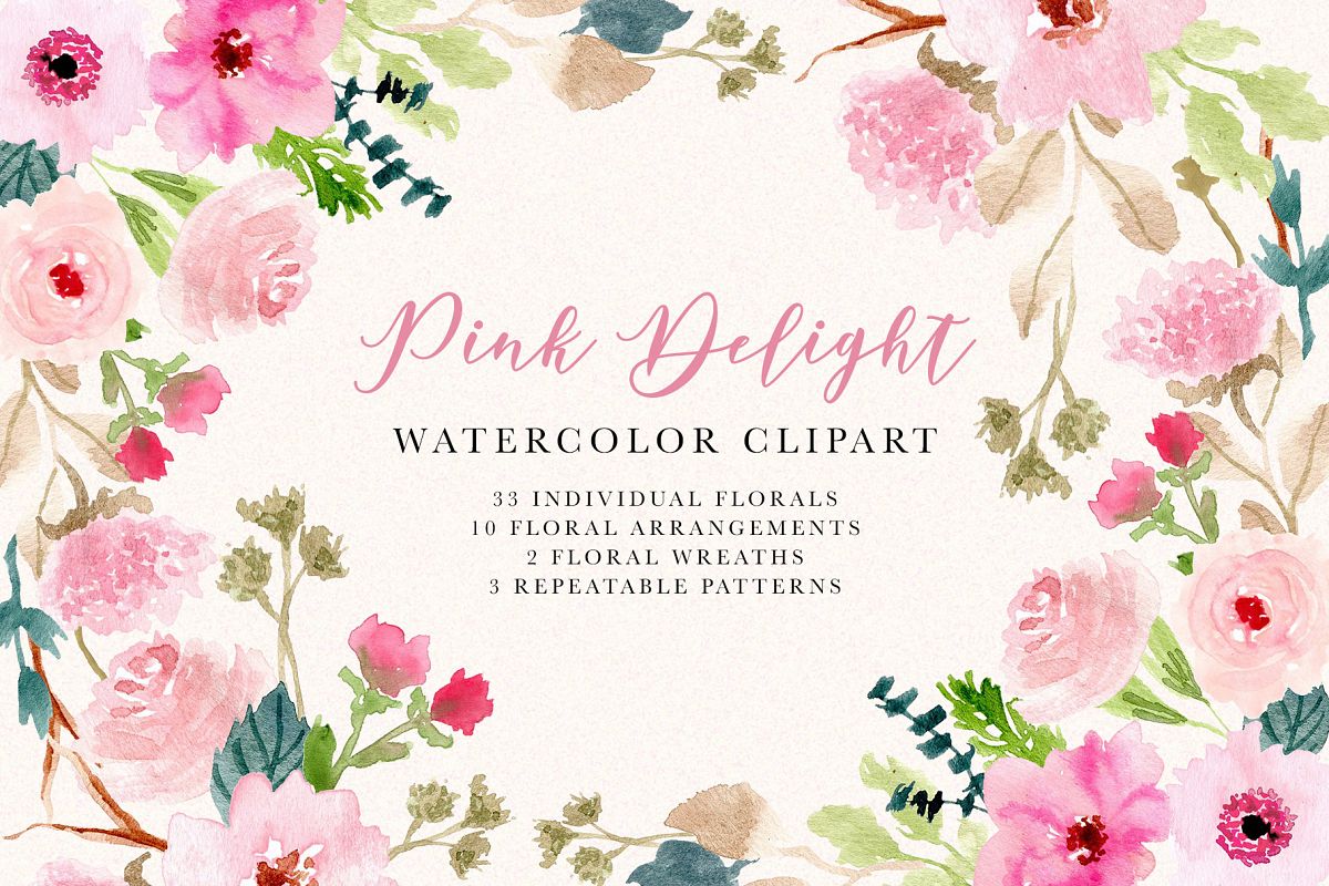 Pink Delight - Watercolor Floral Clipart example image 1