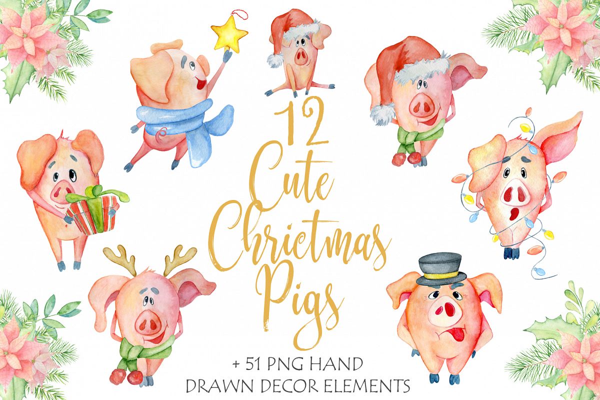 Cute Christmas pigs with decor elements for New Year 2019 example image 1