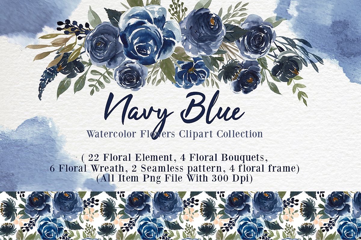 Navy Blue Flower Watercolor Clip-art example image 1