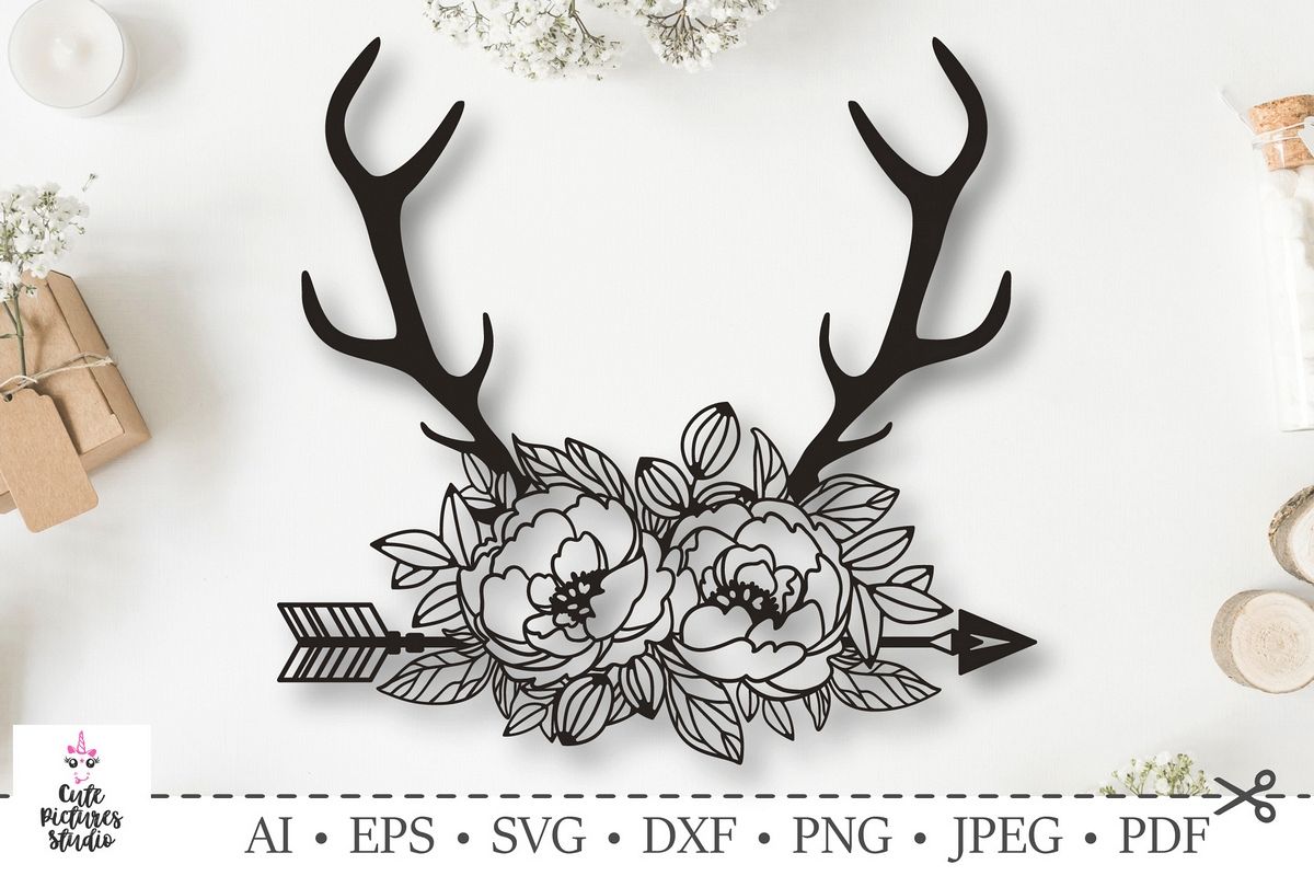 Floral Deer Antlers. SVG DXF cut file. Wedding, paper cut.