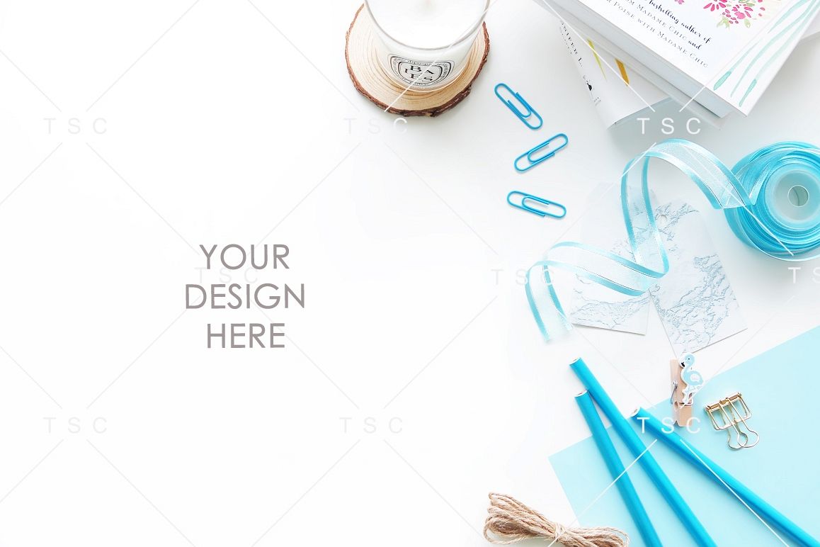 Blue-themed Office Desk Styled Stock Photo example image 1