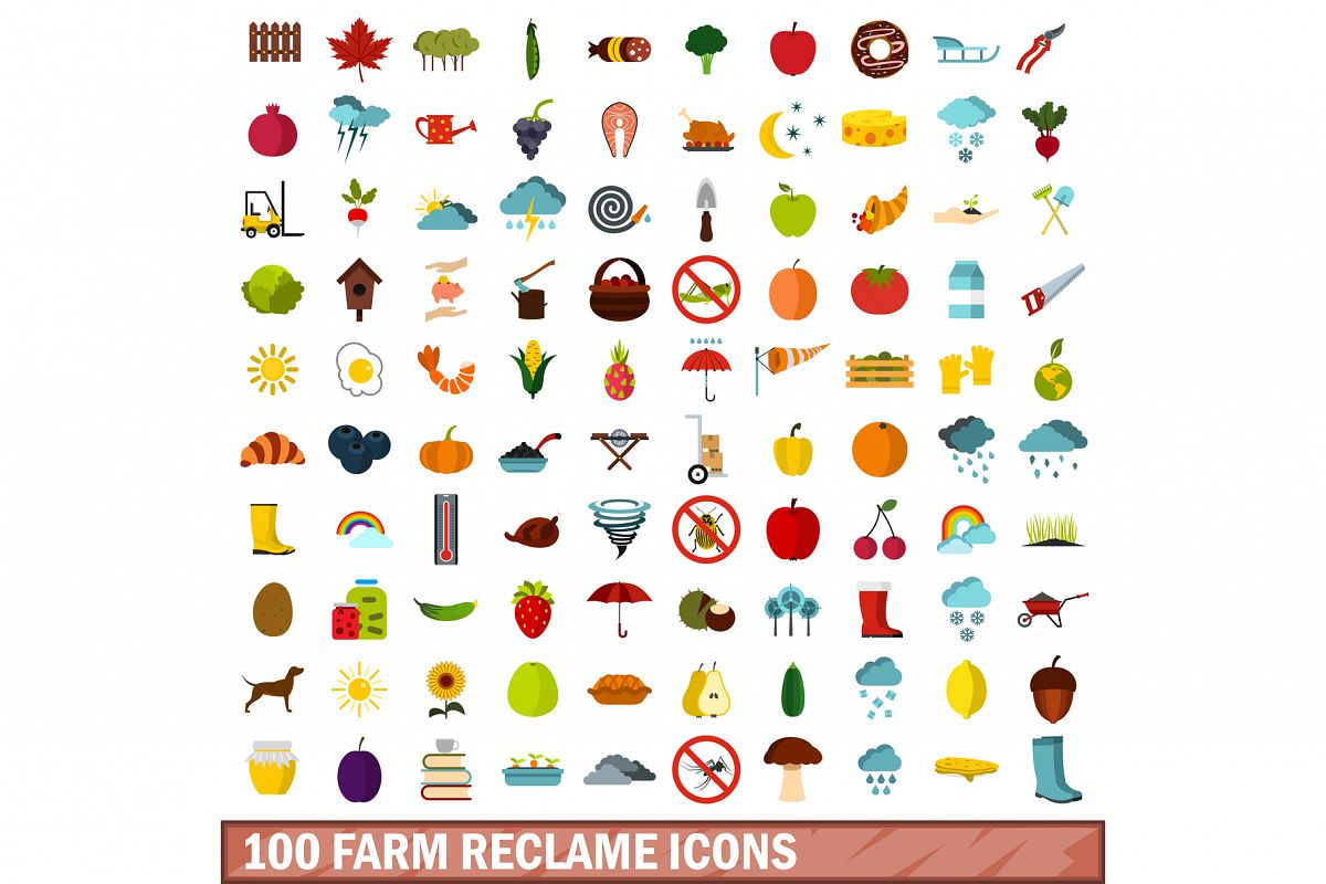 100 farm reclame icons set, flat style example image 1