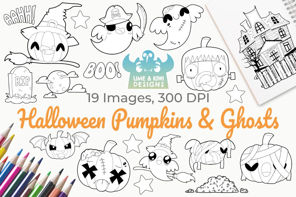 Halloween Pumpkins and Ghosts Digital Stamps example image 1