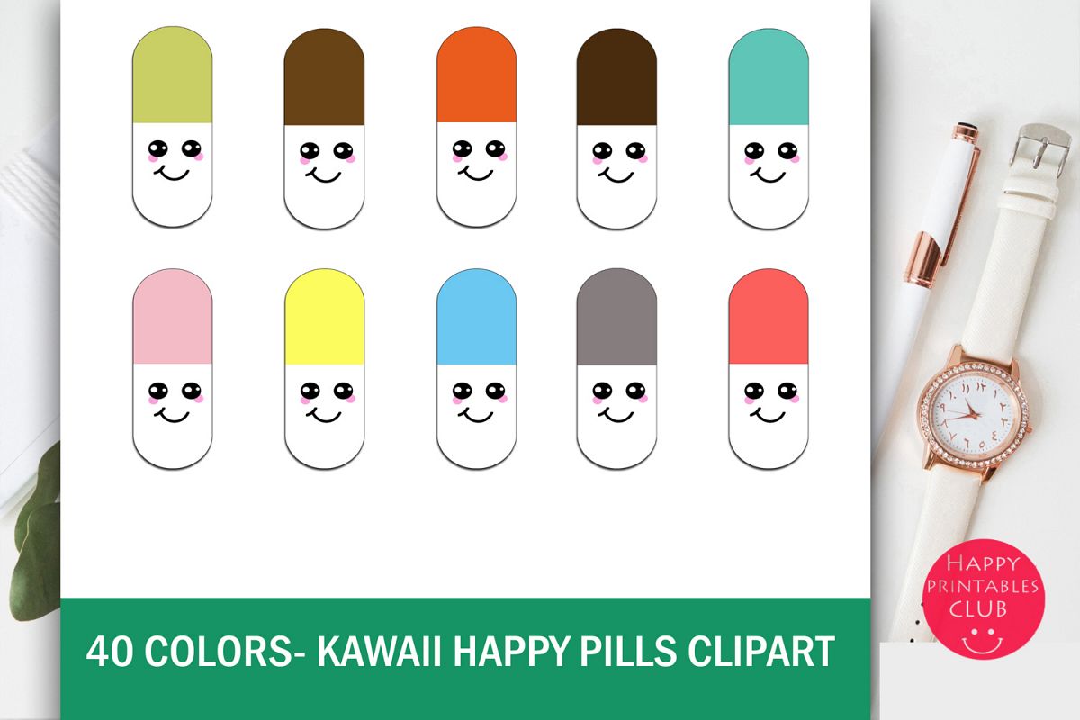 40 Colors Kawaii Happy Pills Clipart example image 1