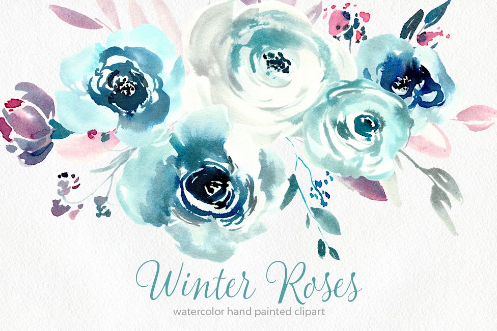Watercolor blue winter roses PNG example image 1