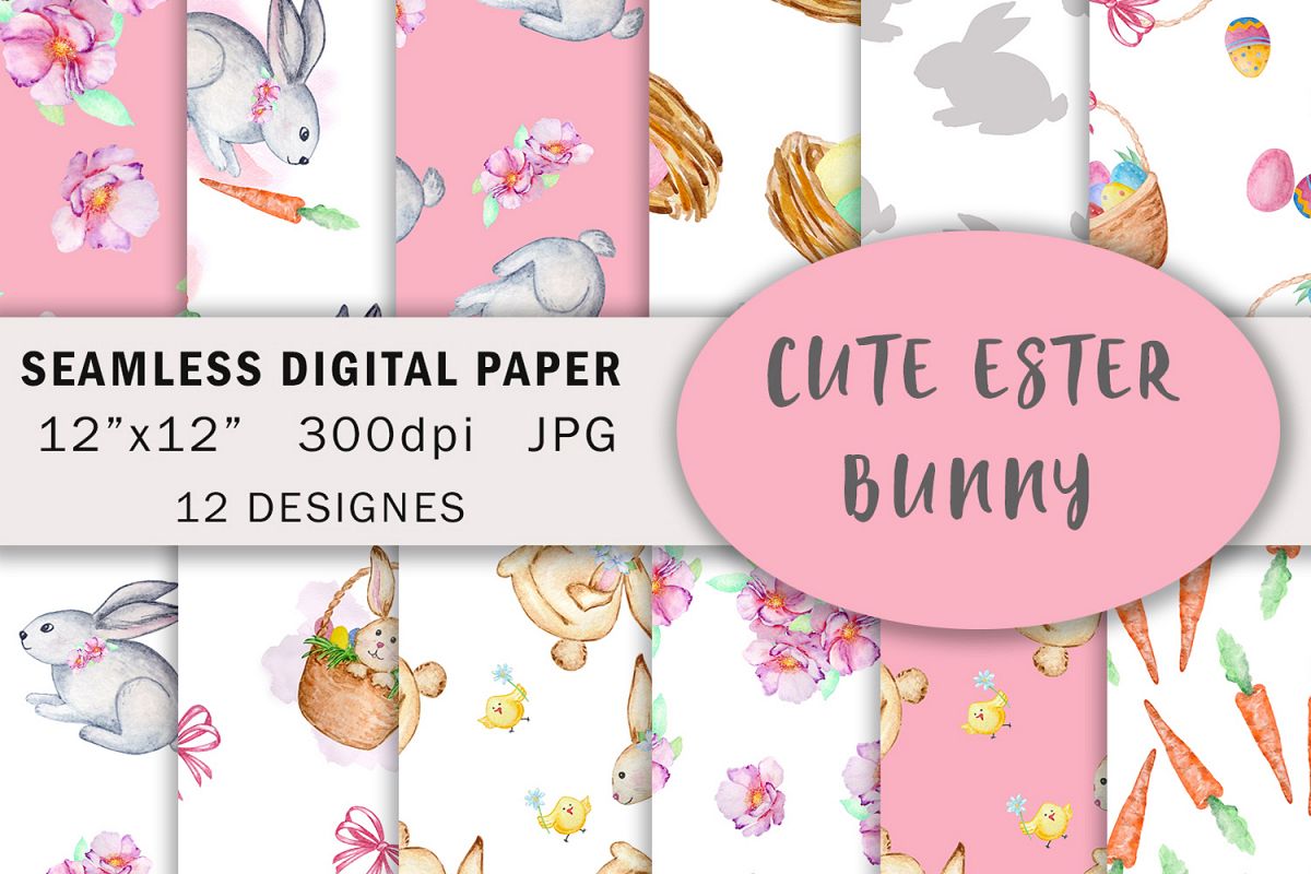 Watercolor Cute Bunny Seamless Paper Pattern example image 1