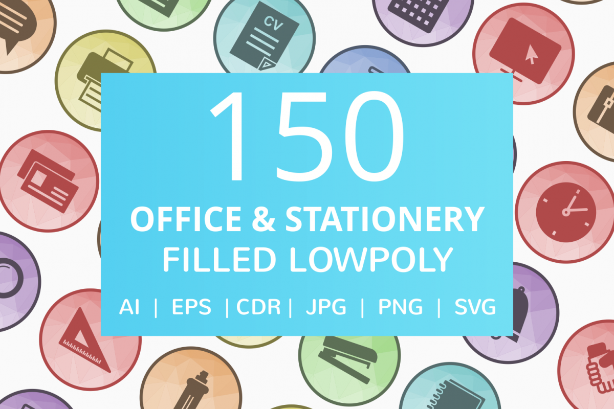 150 Office & Stationery Filled Low Poly Icons example image 1