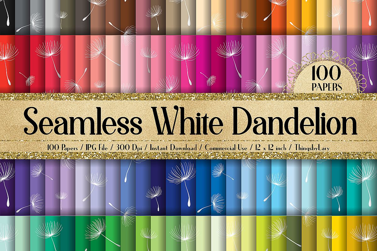 100 Seamless White Dandelion Fabric Print Digital Papers example image 1