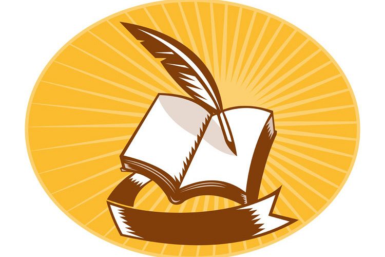 book with quill pen and scroll woodcut example image 1