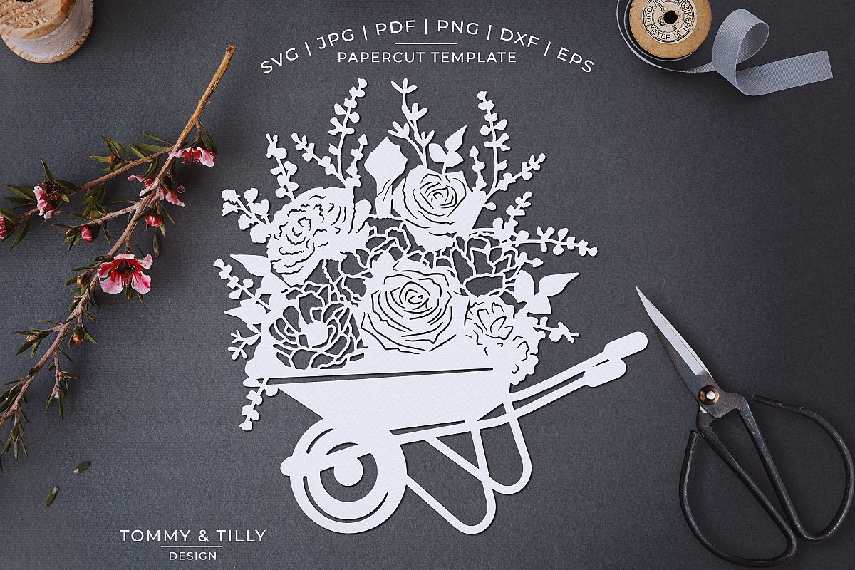 Romantic Floral Wheelbarrow - Papercut Template SVG JPG PNG example image 1