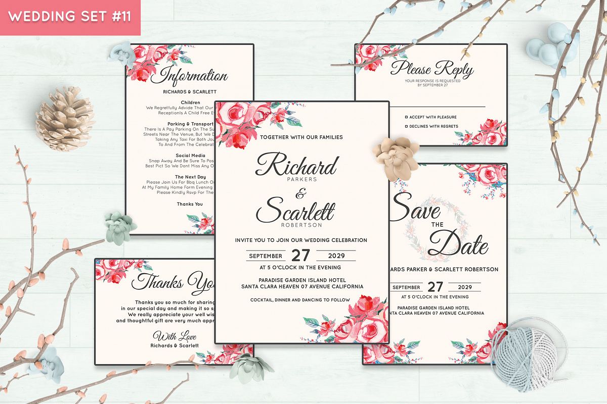 Wedding Invitation Set #11 Watercolor Floral Flower Style example image 1