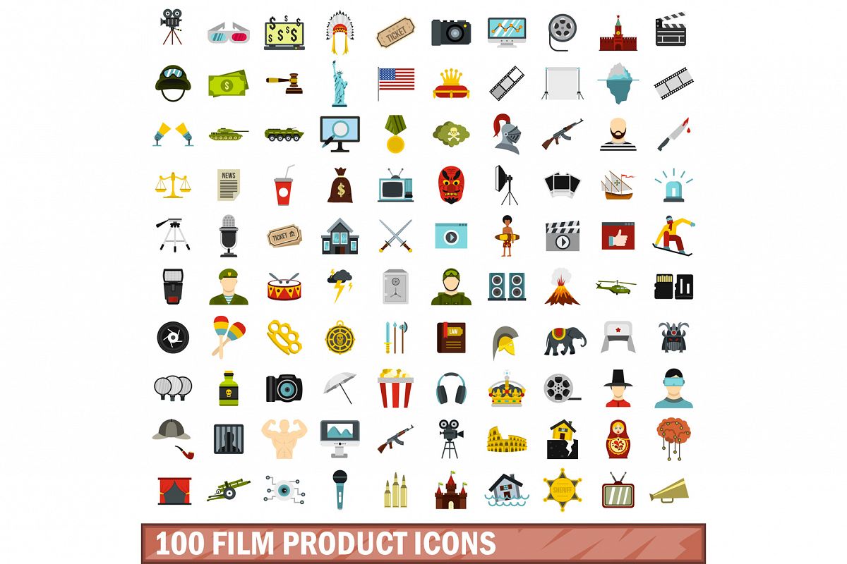 100 film product icons set, flat style example image 1