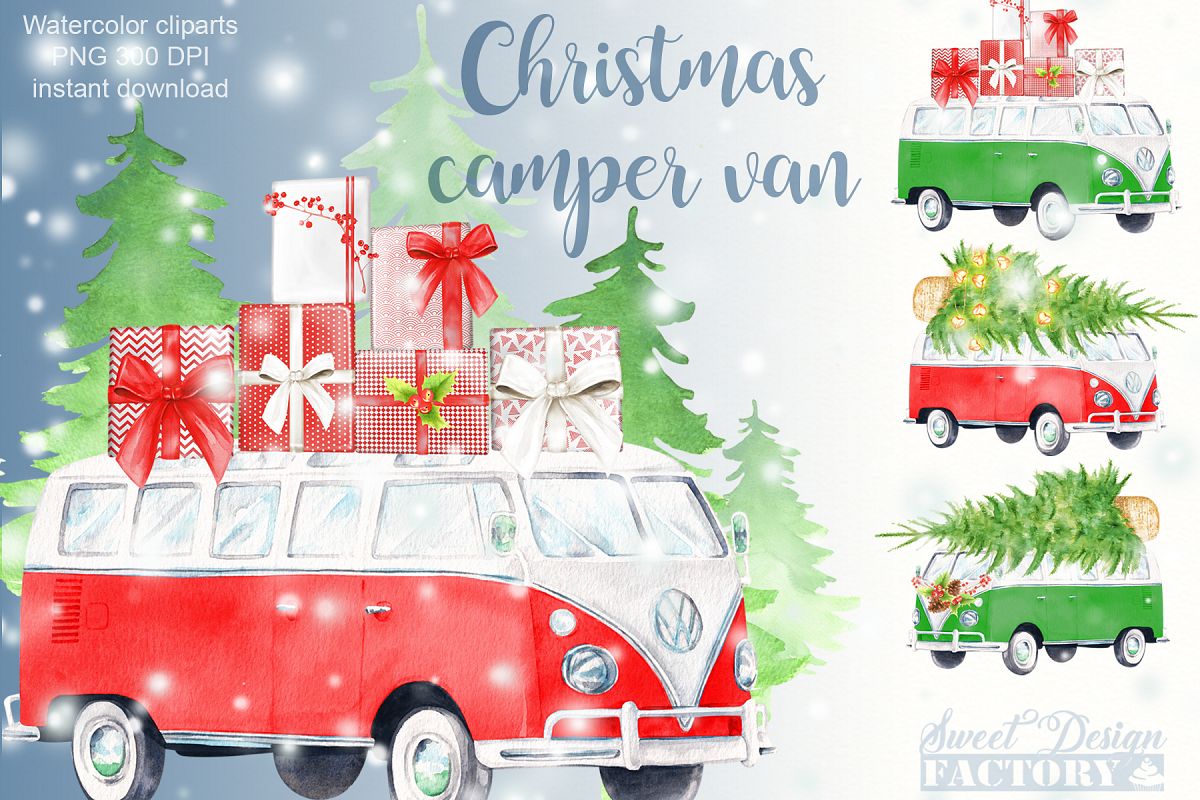 Christmas retro van cliparts. example image 1