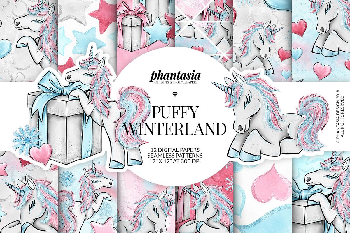 Winter Unicorn Digital Papers example image 1