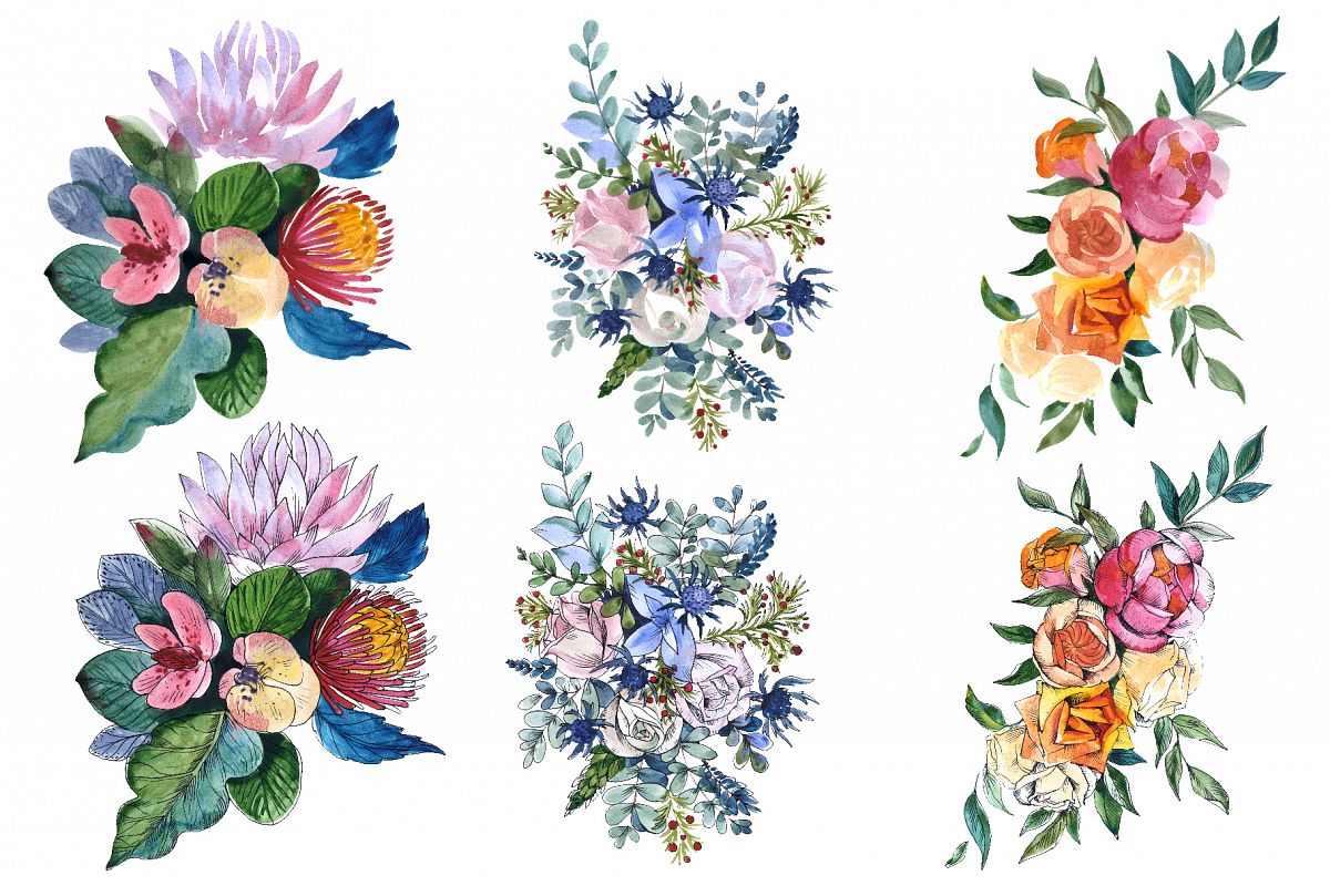 Bouquets with wildflowers, Roses, leaves Watercolor png example image 1