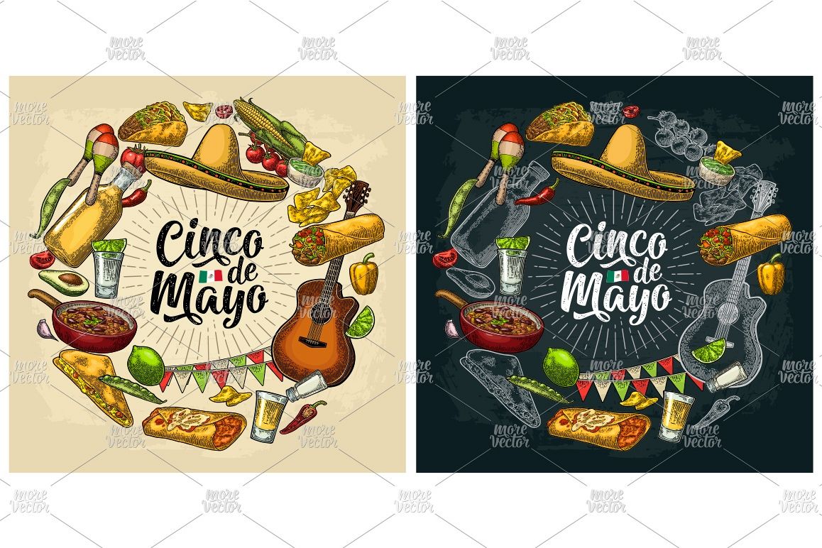Circle shape set mexican food engraving. Cinco de Mayo example image 1