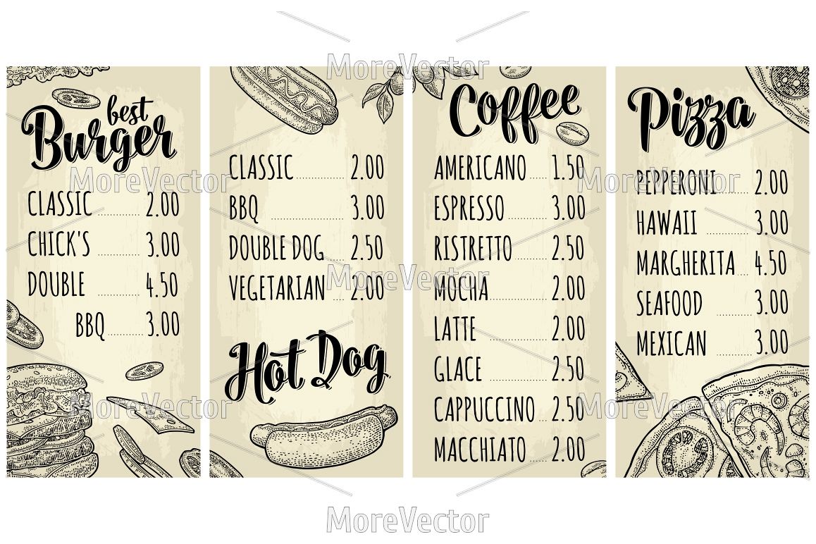 Restaurant or cafe menu with price. Best burger, Hotdog, Coffee, Pizza example image 1