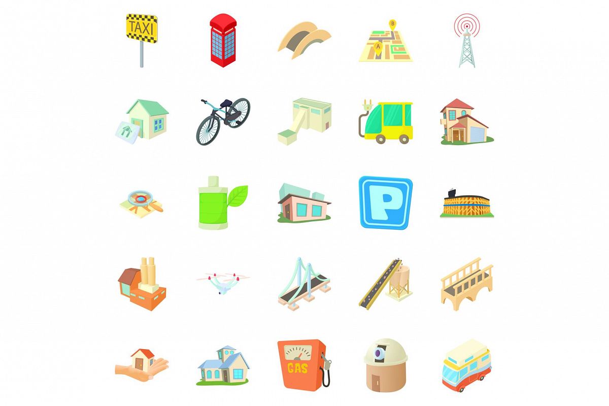 Townish icons set, cartoon style example image 1