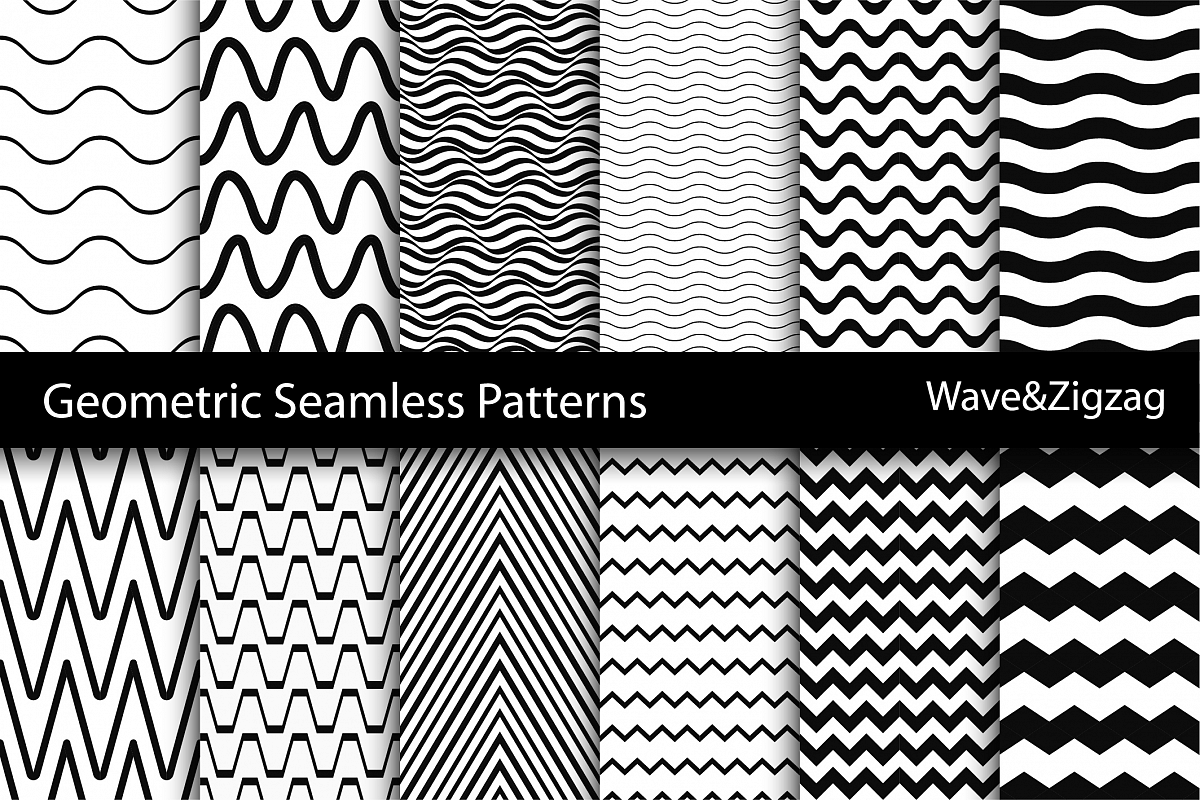 Wave&Zigzag seamless patterns. B&W. example image 1