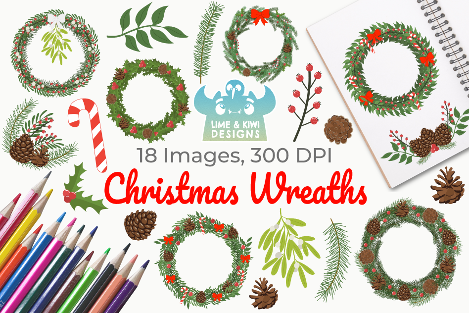 Christmas Wreaths Clipart, Instant Download Vector Art example image 1
