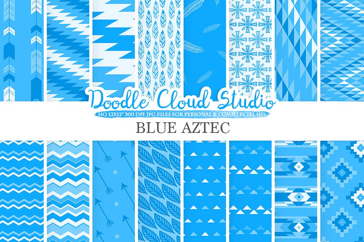 Blue Aztec digital paper Tribal patterns native triangles geometric ethnic arrows background Instant Download for Personal & Commercial Use example image 1