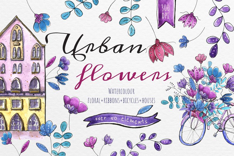 Urban flowers - Watercolor set example image 1
