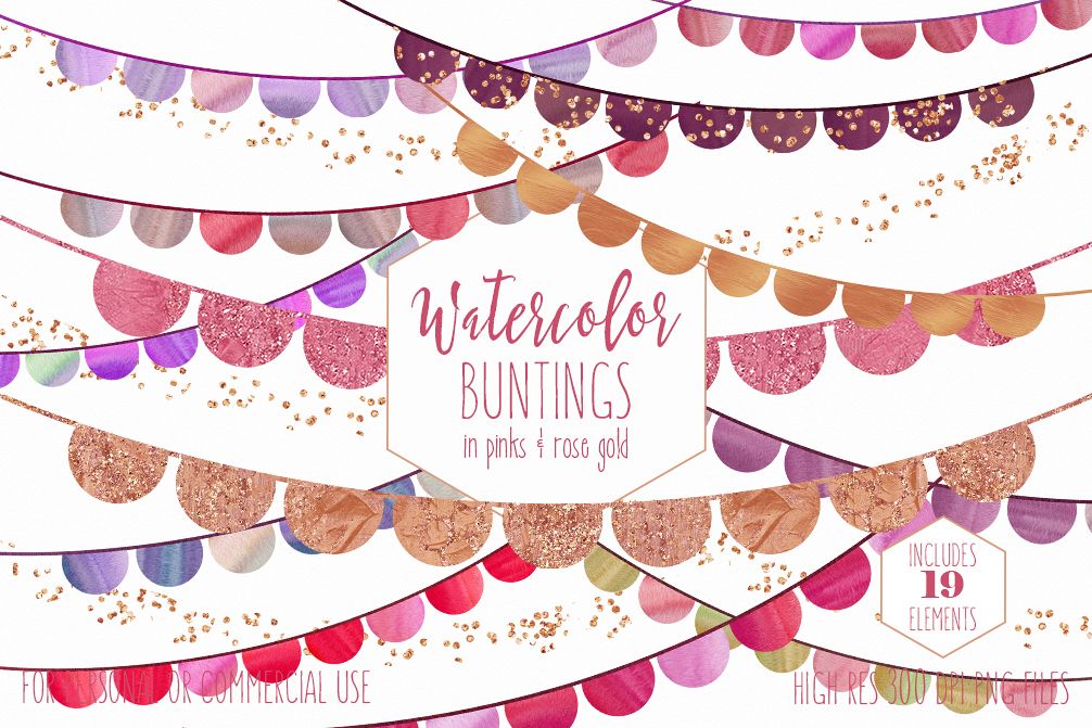 BUNTING BANNER CLIPART Watercolor Clip Art Pink & Rose Gold Half Circles Metallic Glitter Confetti Birthday Party Graphics example image 1