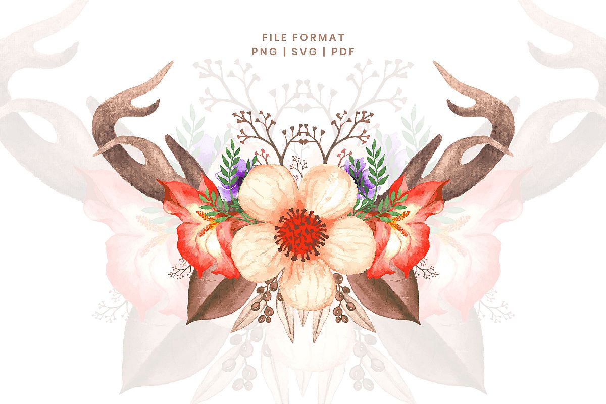 Watercolor floral bouquet with deer horn example image 1