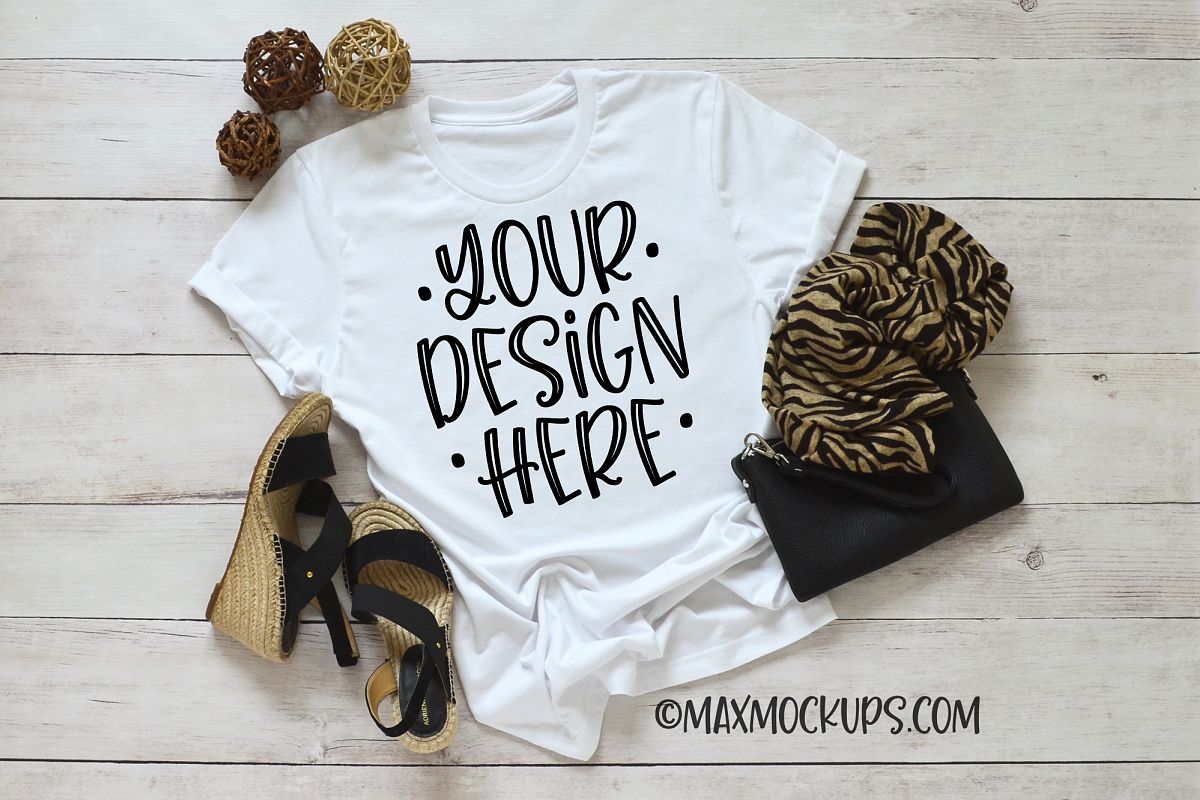 White t-shirt mockup Bella Canvas 3001, purse, shoes, scarf example image 1