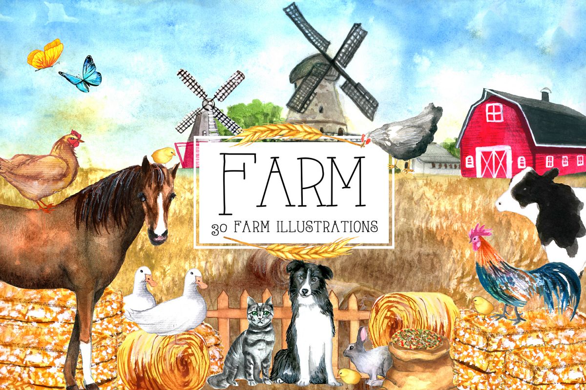 Watercolor FARM Clipart example image 1