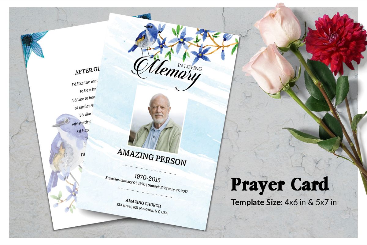 Blue flower Funeral Prayer Card Template example image 1
