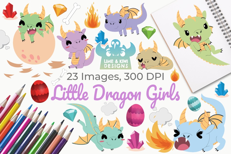 Little Dragon Girls Clipart, Instant Download Vector Art example image 1