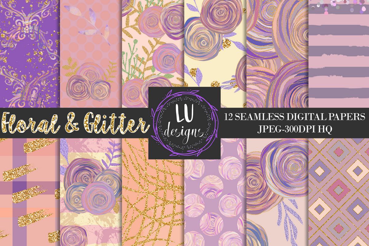 Floral Glitter Digital Paper Pack, Purple Floral Wedding Backgrounds example image 1