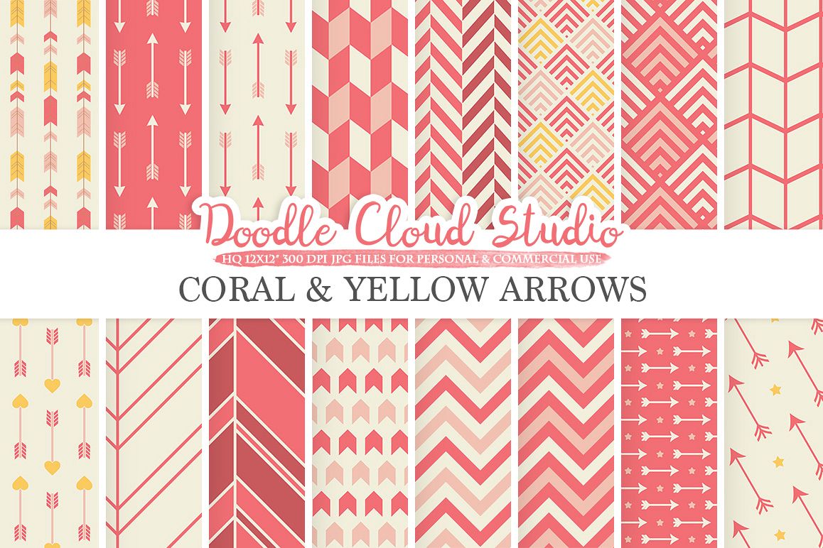 Coral and Yellow Arrows digital paper Pink Coral Arrow patterns tribal archery chevron triangles backgrounds for Personal & Commercial Use example image 1