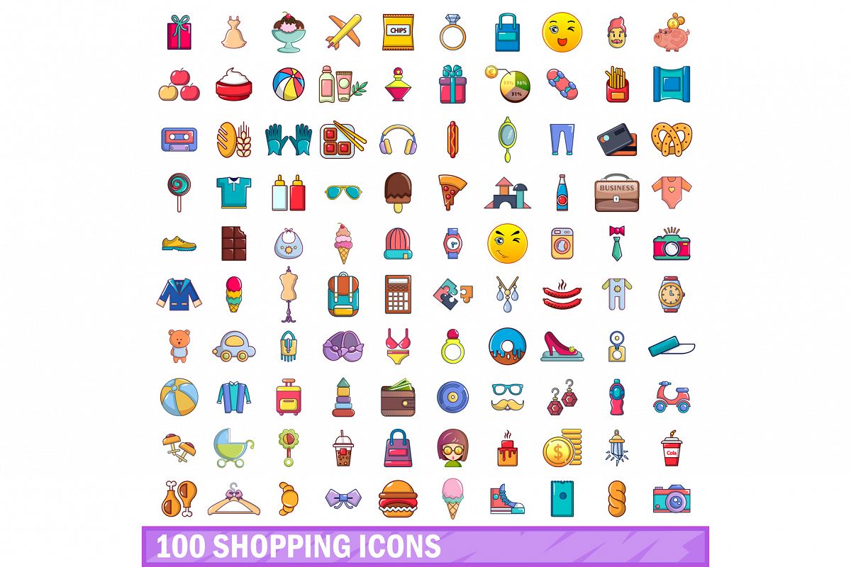 100 shopping icons set, cartoon style example image 1