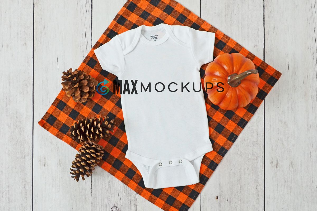 Baby bodysuit Mockup, Fall Halloween pumpkin, flatlay stock example image 1
