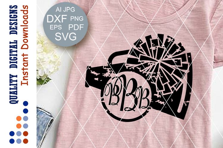 Cheer svg Monogram svg Distressed Megaphone and poms clipart example image 1
