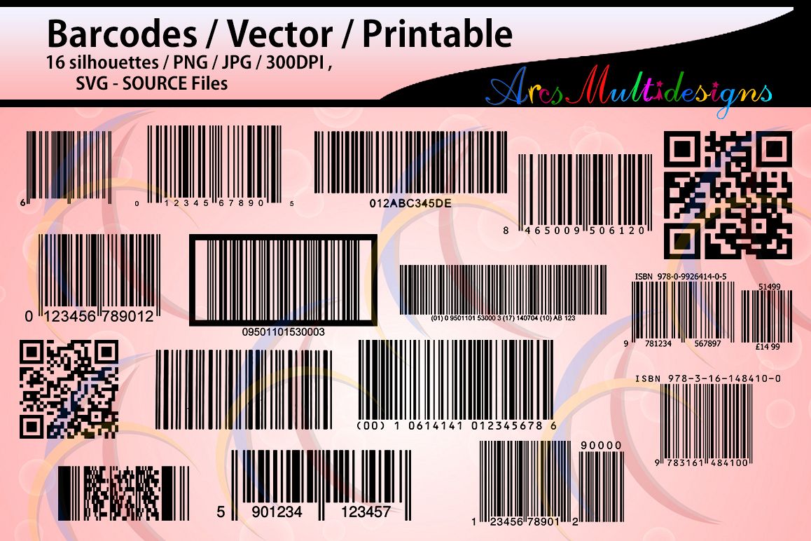 barcodes silhouette / 16 Barcodes / printable /High Quality / vector/ country codes / SVG / PNG / Jpg /DXf / EPs / bar code / code / script example image 1
