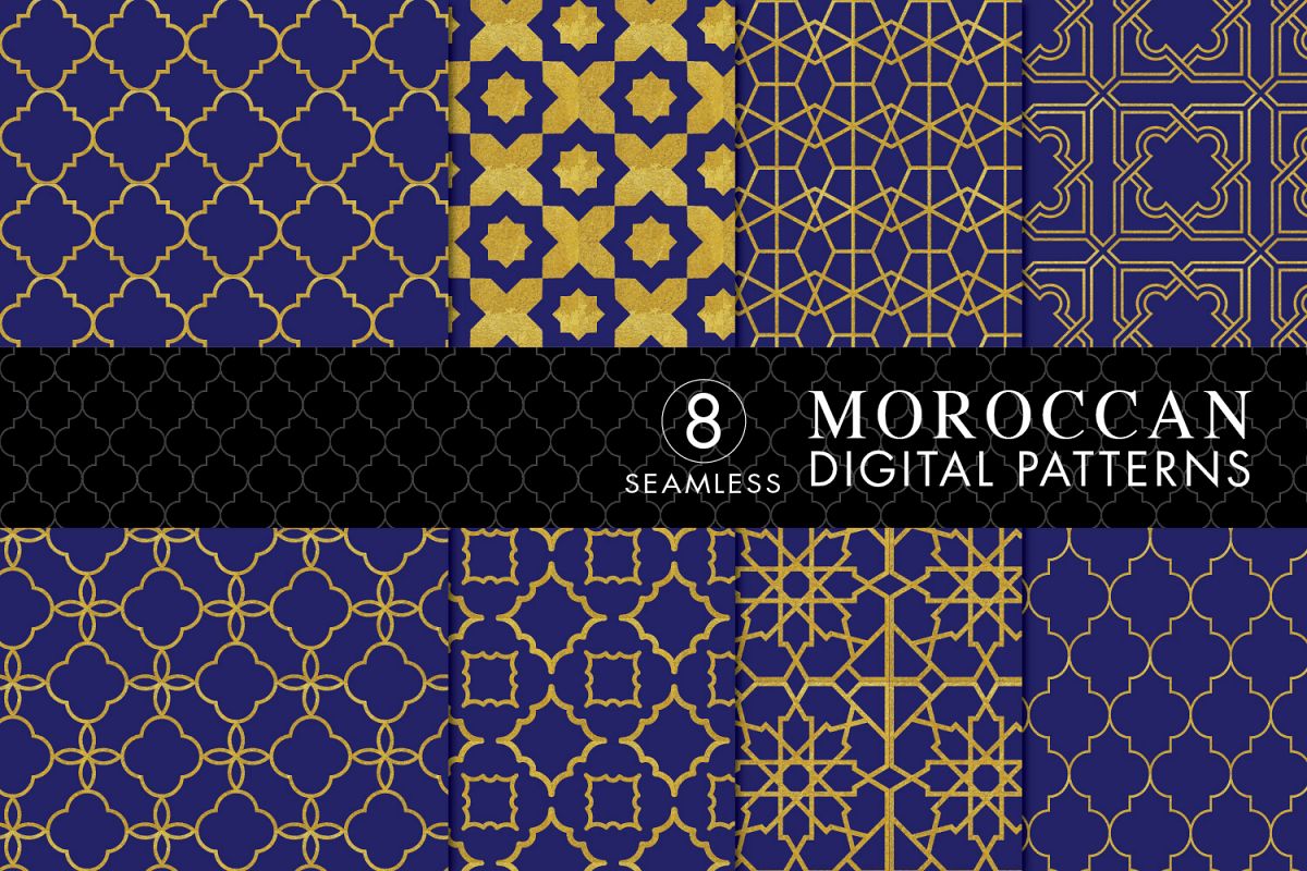 8 Seamless Moroccan Patterns - Gold & Cobalt Blue Set 2 example image 1