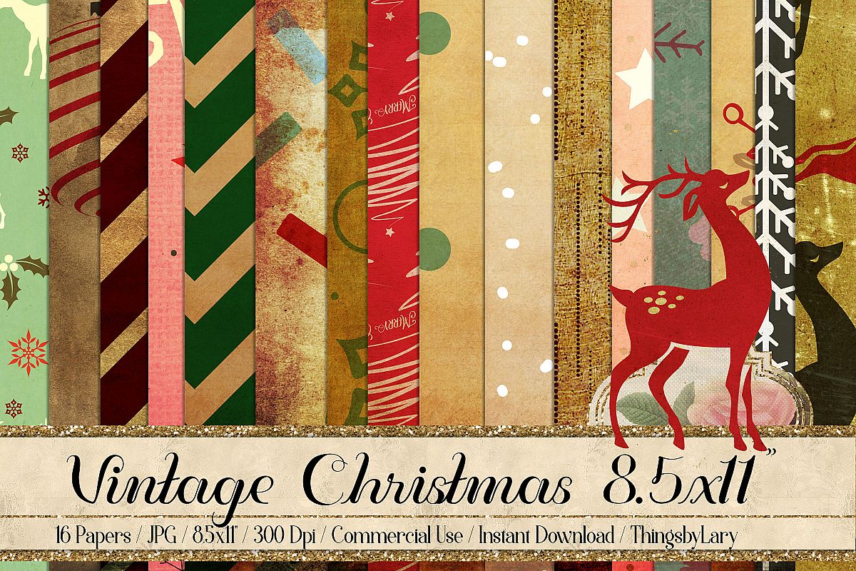 16 Vintage Winter Holiday Christmas Digital Papers 8.5x11 example image 1